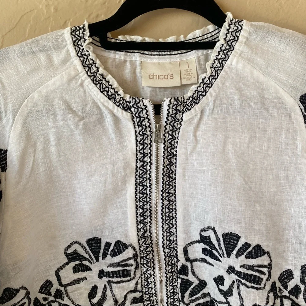 Chicos White Black Linen Embroidered Floral Jacket Zip-up Elbow Sleeves medium